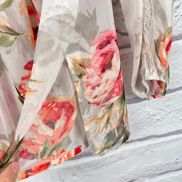 SUSAN GRAVER Women's L Floral Printed Sheer Chiffon Lace Trim Pleated Tunic Top - Picture 6 of 13